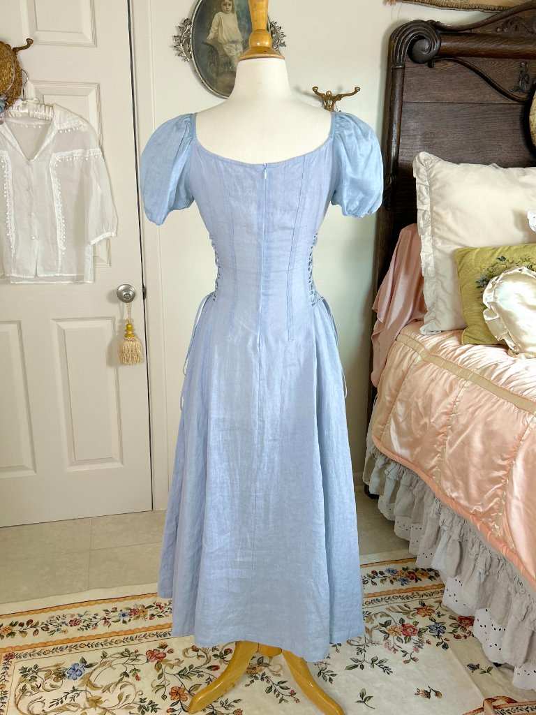 Linennaive Blue Linen Corset Milkmaid Dress, Ylang 18 Cinderella, Puff Sleeves — image 5 of 8